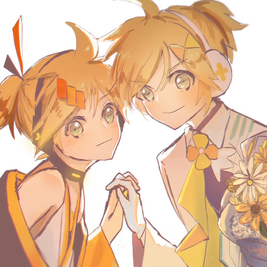 2boys aqua_eyes backlighting bad_id bad_twitter_id blonde_hair bouquet collar commentary daisy dual_persona floral_print flower formal gloves hair_ornament hairclip headphones highres holding_hands interlocked_fingers japanese_clothes kagamine_len leaning_forward libertyp looking_at_viewer magical_mirai_(vocaloid) magical_mirai_len magical_mirai_len_(2020_summer) magical_mirai_len_(2020_winter) male_focus multiple_boys short_ponytail signature smile spiked_hair suit upper_body vocaloid white_background white_gloves white_suit