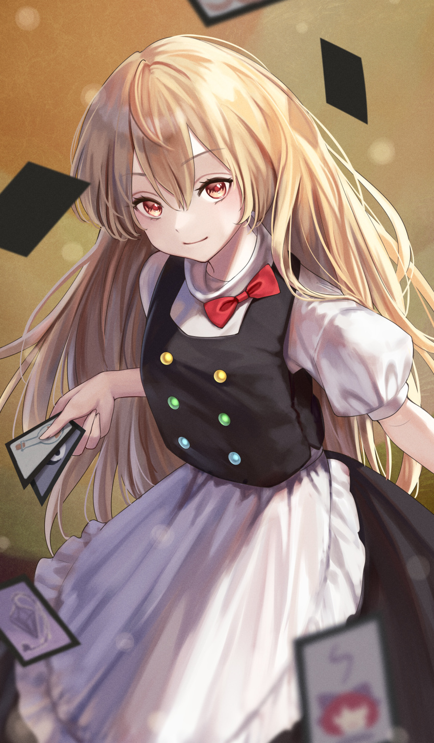 100th_black_market ability_card_(touhou) absurdres apron blonde_hair blurry blurry_background blurry_foreground bow buttons card depth_of_field female highres holding holding_card kirisame_marisa long_hair multicolored_buttons puffy_short_sleeves puffy_sleeves red_bow sekibanki short_sleeves solo torinari_(dtvisu) touhou waist_apron