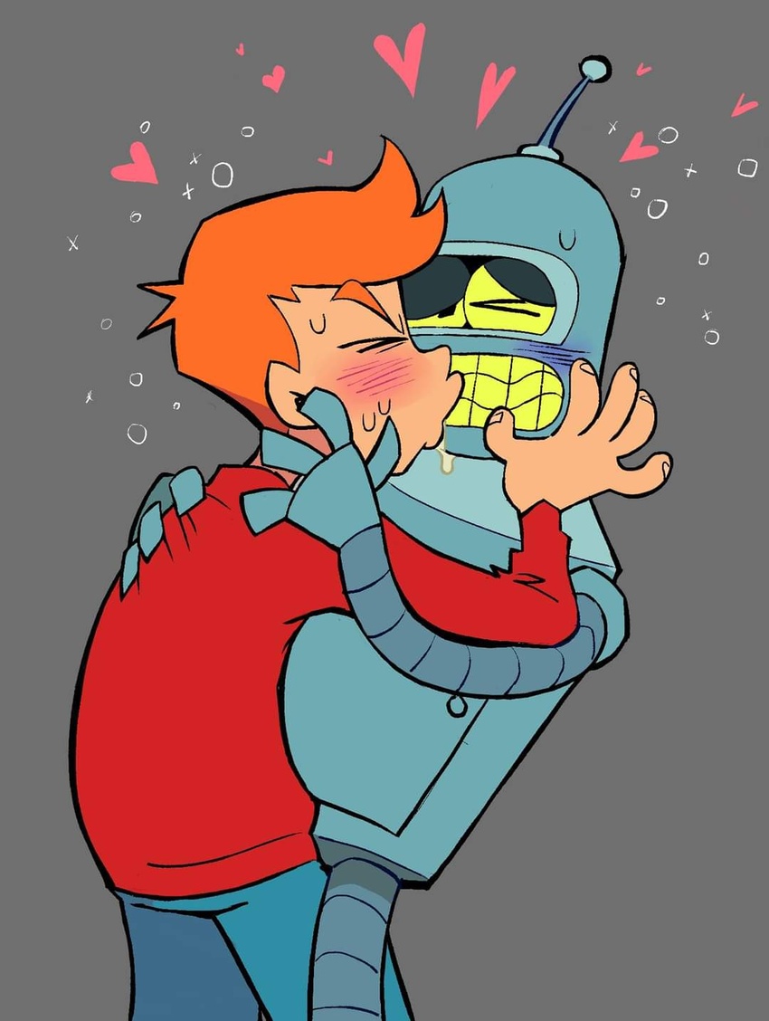 bender_bending_rodríguez blush closed_eyes clothing comedy_central dddracula duo futurama grey_background hair heart_symbol hi_res human human_on_robot jacket kissing machine male male/male mammal orange_hair philip_j._fry red_clothing red_jacket red_topwear robot simple_background topwear