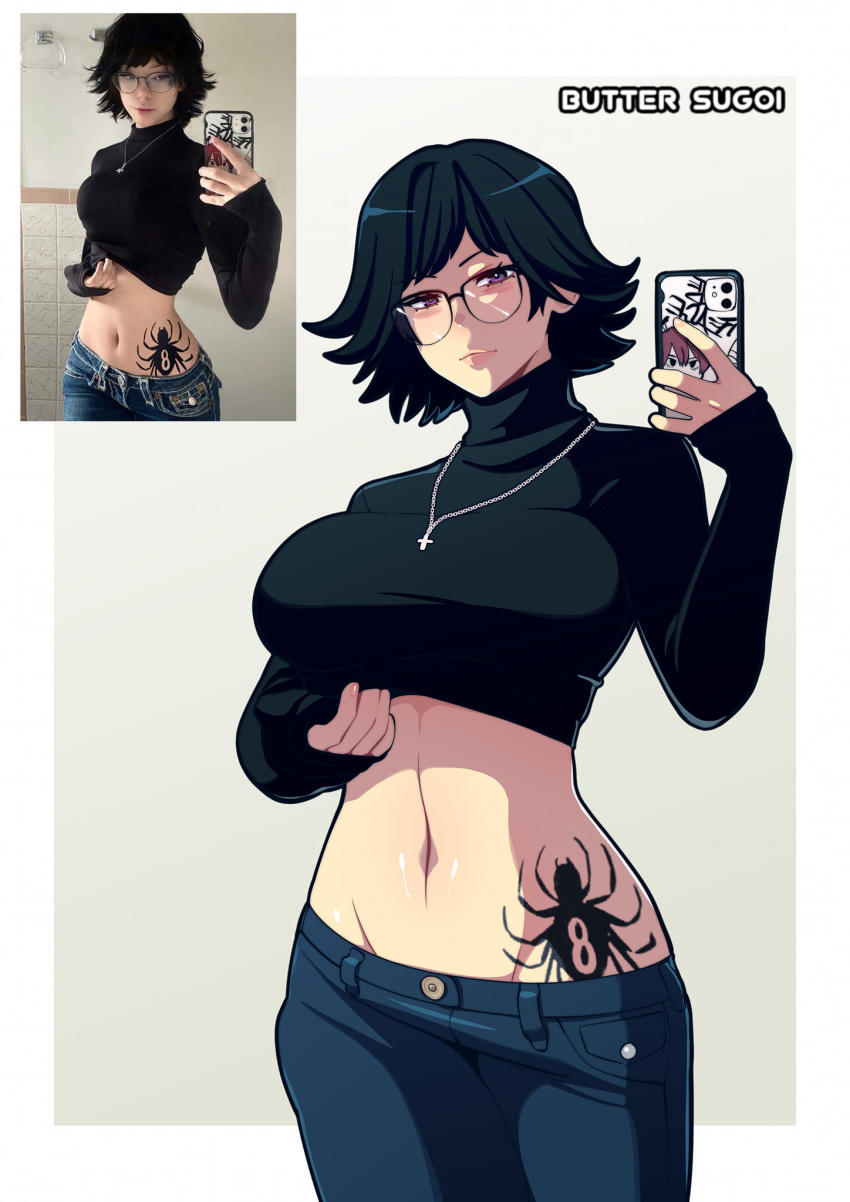 artist_name black_hair breasts butter_sugoi cellphone clothes_lift clothes_pull cowboy_shot cross cross_necklace denim female glasses groin highres hip_tattoo holding holding_phone hunter_x_hunter jeans jewelry large_breasts lips medium_hair midriff navel necklace pants pants_pull phone photo-referenced photo_inset purple_eyes reference_inset shirt_lift shizuku_murasaki smartphone smartphone_case solo spider_tattoo tattoo turtleneck