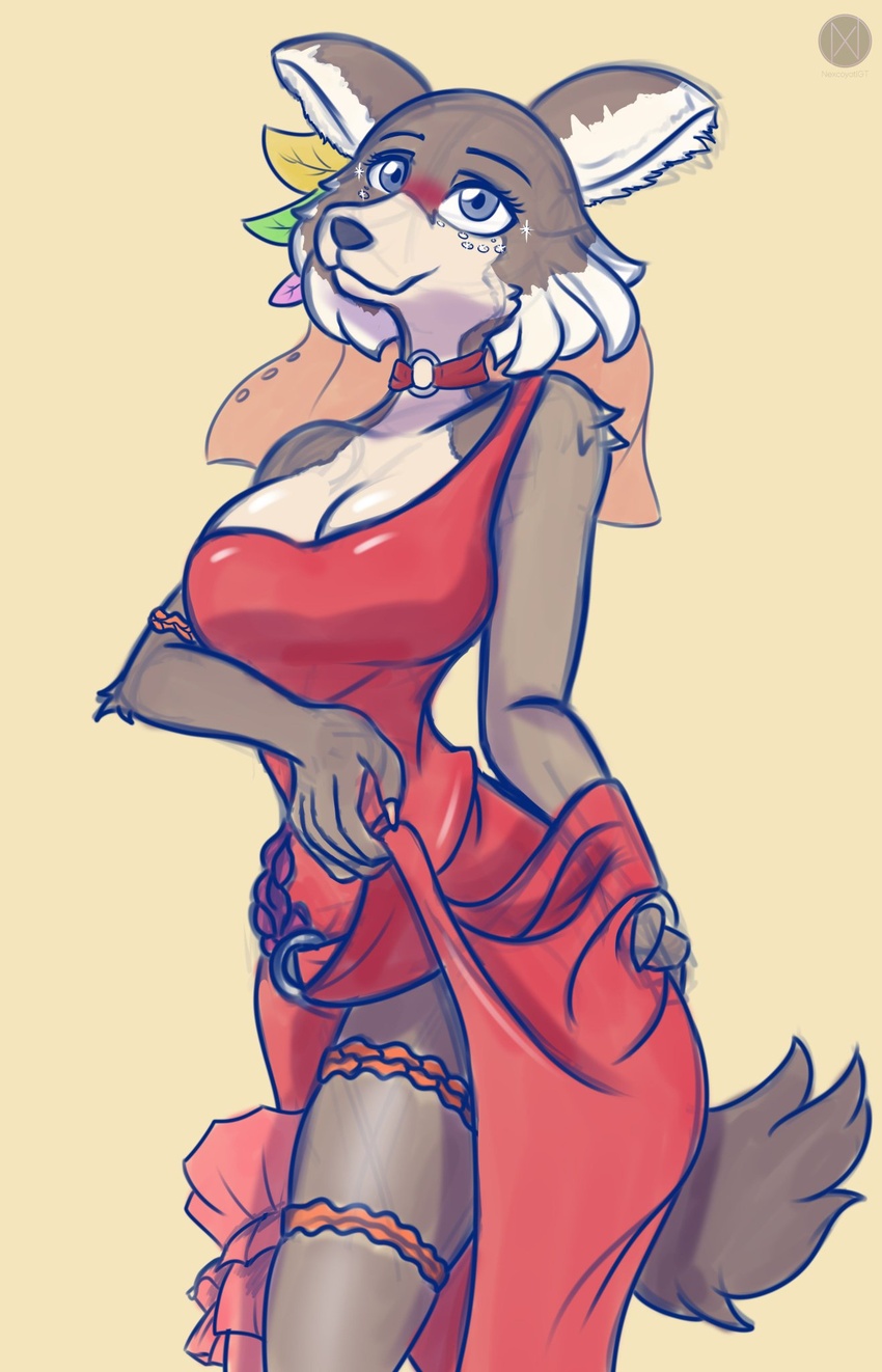 2019 5_fingers accessory anthro beastars black_nose blue_eyes breasts brown_body brown_fur canid canine canis claws cleavage clothed clothing conditional_dnp dress female fingers fur garter hi_res juno_(beastars) leg_garter makeup mammal multicolored_body multicolored_fur nexcoyotlgt simple_background smile solo standing two_tone_body two_tone_fur white_body white_fur wolf