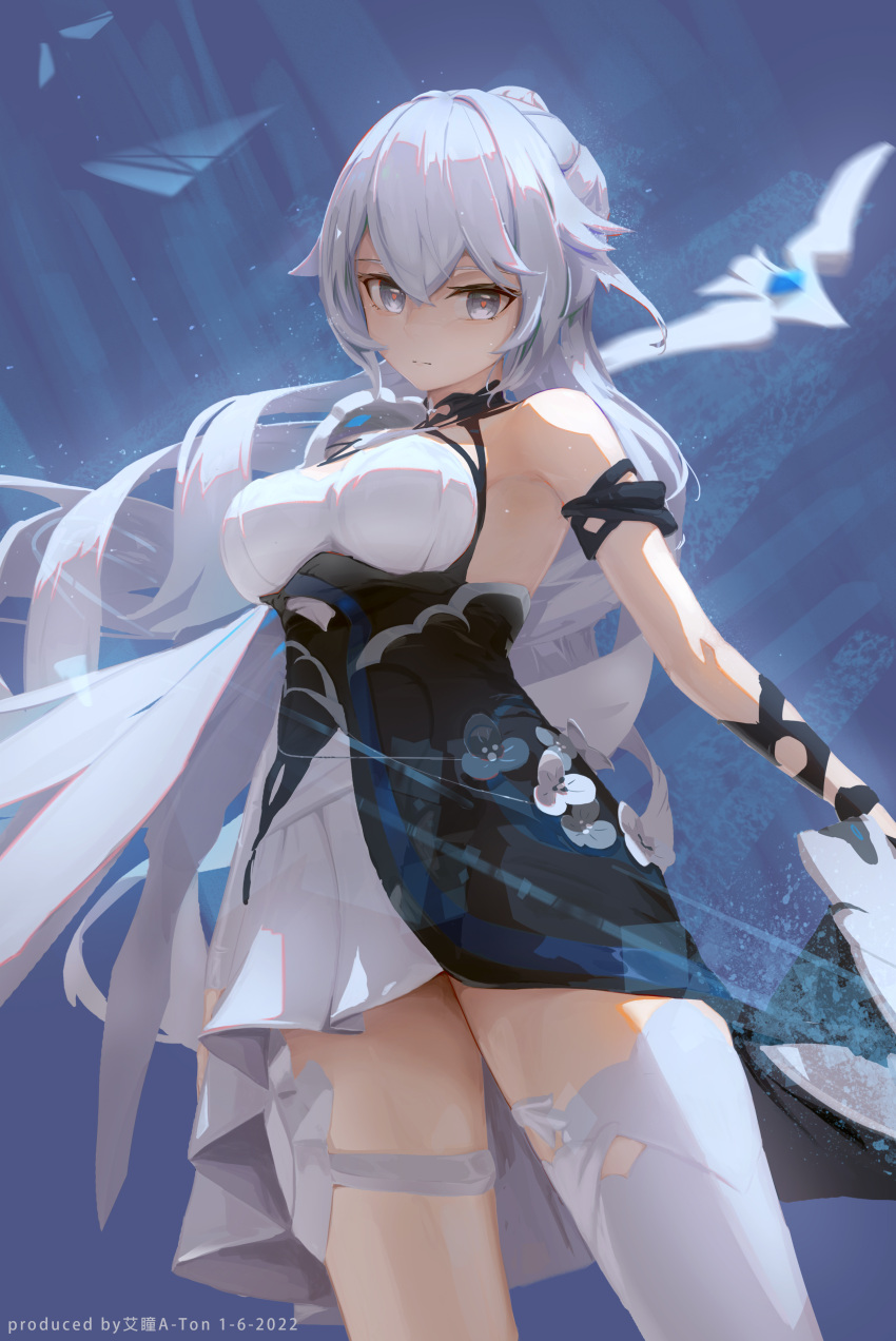 absurdres armpits aton_(user_kufr5245) black_gloves breasts bronya_zaychik bronya_zaychik_(silverwing:_n-ex) closed_mouth dress drill_hair female gloves highres honkai_(series) honkai_impact_3rd long_hair looking_at_viewer single_thighhigh sleeveless sleeveless_dress solo thighhighs twin_drills white_dress white_thighhighs