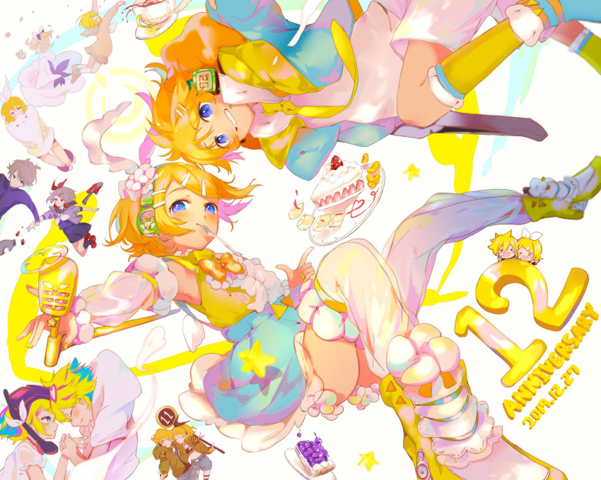 >_< 2019 anniversary bad_id bad_twitter_id banana banana_slice birthday birthday_cake blonde_hair blue_eyes blue_skirt boots bow bowtie cake chibi commentary cup dated detached_sleeves flower food fork frilled_legwear frilled_skirt frilled_sleeves frills fruit grin guitar hair_flower hair_ornament hairbow hairclip headphones heart heart-shaped_eyewear highres holding holding_microphone index_finger_raised instrument jacket kagamine_len kagamine_rin looking_at_viewer microphone multiple_views necktie orange_(fruit) orange_bow orange_bowtie orange_slice oyamada_gamata pillow plate scuba_gear shirt short_hair short_ponytail shorts signpost skirt sleeveless sleeveless_shirt smile spiked_hair star_(symbol) strawberry swept_bangs teacup thighhighs utensil_in_mouth vocaloid white_bow white_shirt white_shorts yellow_bow yellow_necktie yellow_shirt