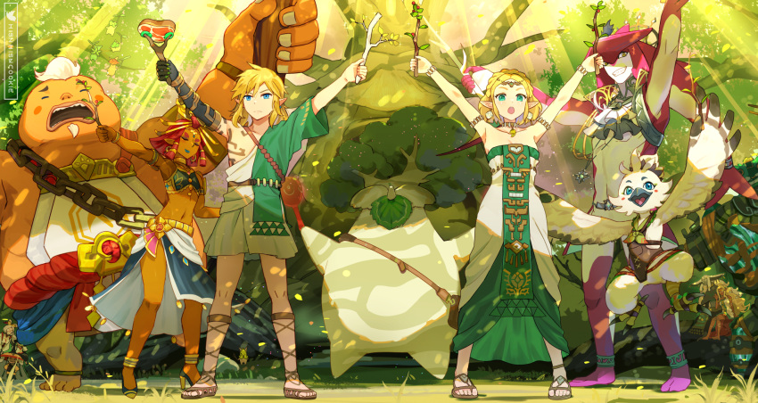 archaic_set_(zelda) bird_boy blonde_hair dress facial_hair feathered_wings food fuse_(zelda) gerudo goatee goron great_deku_tree hestu highres hsin impa instrument korok link maracas meat mineru_(zelda) pointy_ears princess_zelda purah rauru_(tears_of_the_kingdom) riju rito robbie_(zelda) sandals sidon smile sonia_(zelda) stick strapless strapless_dress sunlight the_legend_of_zelda the_legend_of_zelda:_tears_of_the_kingdom tree tulin_(zelda) wings yunobo zora