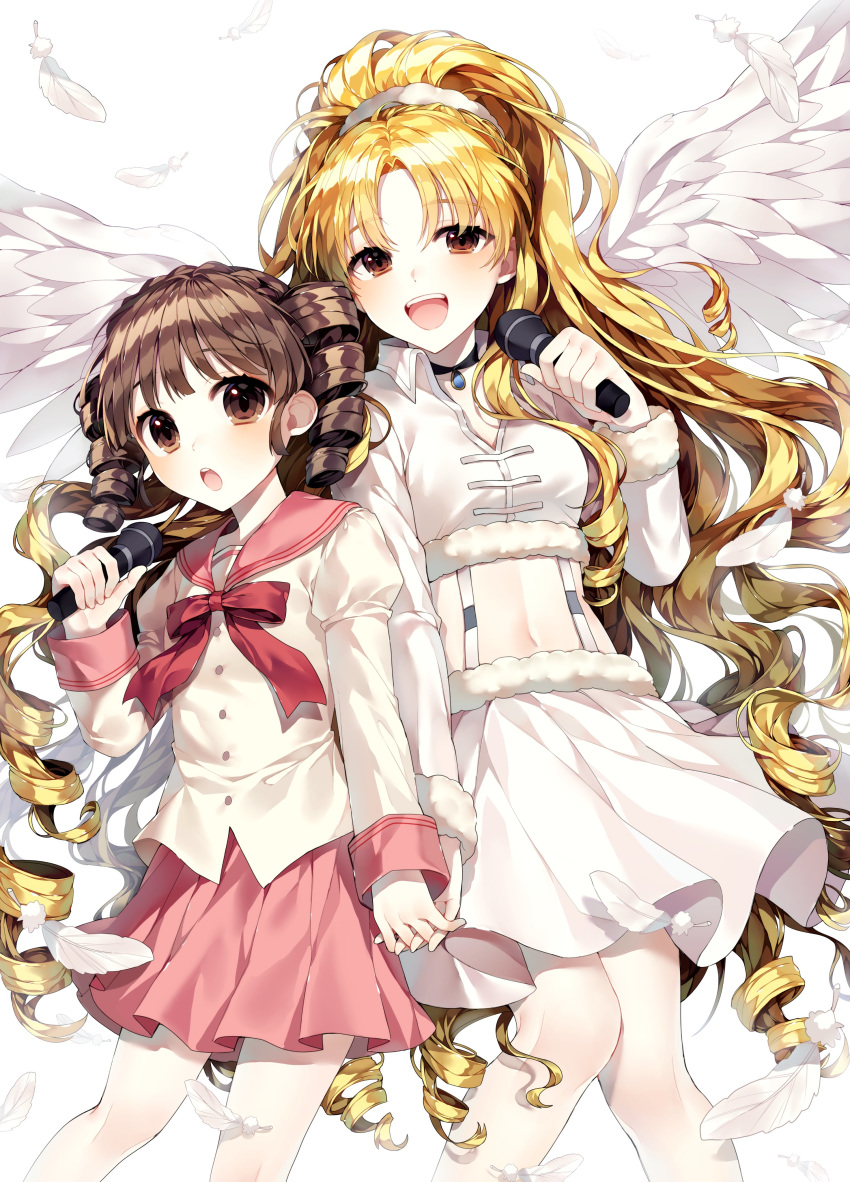 2girls :d :o absurdres blonde_hair blunt_bangs blush bow brown_eyes brown_hair buttons choker collar commentary curly_hair drill_hair dual_persona feathered_wings feathers full_moon_(full_moon_wo_sagashite) full_moon_wo_sagashite fur_trim ha_youn hair_ornament hair_scrunchie hand_grab high_ponytail highres holding holding_microphone juliet_sleeves kouyama_mitsuki long_hair long_sleeves looking_at_viewer microphone midriff multiple_girls music navel open_mouth parted_bangs pink_bow pink_skirt pleated_skirt puffy_sleeves sailor_collar school_uniform scrunchie serafuku simple_background singing skirt smile standing symbol-only_commentary time_paradox twintails very_long_hair white_background white_feathers white_skirt white_wings wings yellow_eyes