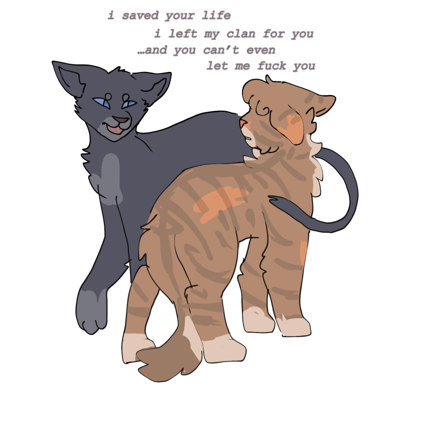 2022 ambiguous_gender argument black_nose blue_eyes brown_body brown_fur canon_couple crowfeather_(warriors) digital_drawing_(artwork) digital_media_(artwork) domestic_cat english_text felid feline felis female_(lore) feral flat_colors fur grey_body grey_fur hi_res leafpool_(warriors) mackerel_tabby male_(lore) mammal manipulation open_mouth pink_nose profanity simple_background striped_body striped_fur stripes tail tail_between_legs text tortoiseshell_cat unavailable_at_source undeadbirdiee warriors_(book_series) white_background