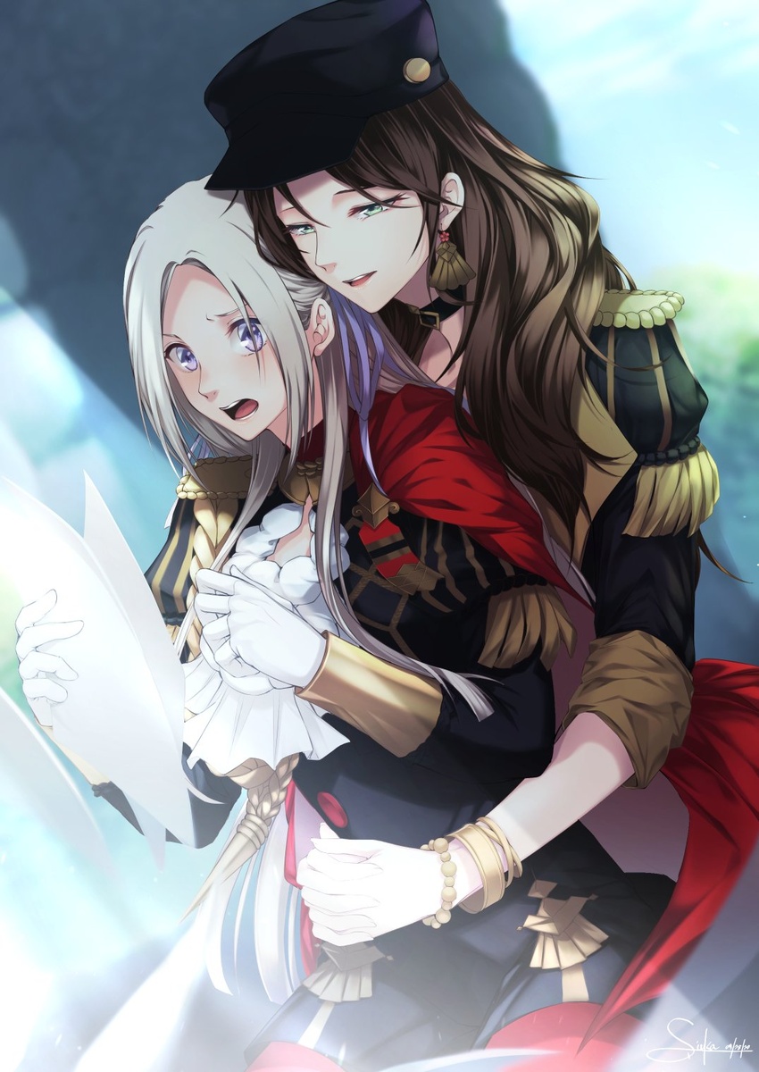 2girls ascot blush bracelet brown_hair cape commentary dorothea_arnault earrings edelgard_von_hresvelg english_commentary epaulettes fire_emblem fire_emblem:_three_houses garreg_mach_monastery_uniform gloves green_eyes hat highres hug hug_from_behind jewelry long_hair multiple_girls open_mouth pantyhose paper purple_eyes red_cape sieka_(piiroinardesco) smile surprised white_hair yuri