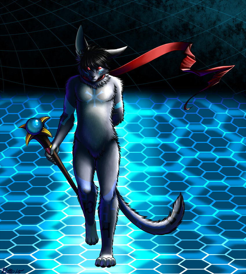 2015 abstract_background anthro black_hair catcat conditional_dnp cyberspace digital_media_(artwork) domestic_cat felid feline felis fur grey_body grey_fur hair hi_res looking_at_viewer male mammal melee_weapon polearm ratte red_eyes scarf simple_background solo staff weapon