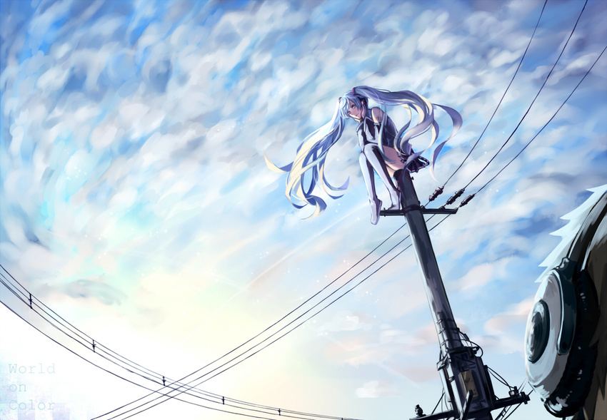 blue_eyes blue_hair character_request cloud commentary_request copyright_name detached_sleeves female hatsune_miku head_rest headphones kaname_(cherry0732) long_hair on_top_of_pole power_lines sitting skirt sky solo_focus thighhighs twintails utility_pole very_long_hair vocaloid wide_shot zettai_ryouiki