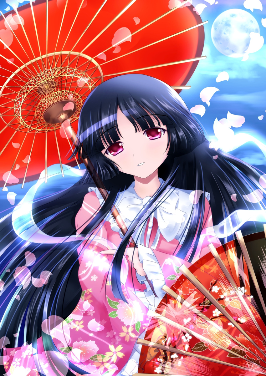 bad_id bad_pixiv_id black_hair bow cloud dual_wielding female floral_print full_moon highres hime_cut holding houraisan_kaguya japanese_clothes kazusa_fujinomiya kimono long_hair long_sleeves looking_at_viewer moon night oil-paper_umbrella petals pink_eyes pink_kimono shawl sky solo touhou umbrella upper_body very_long_hair wide_sleeves yukata