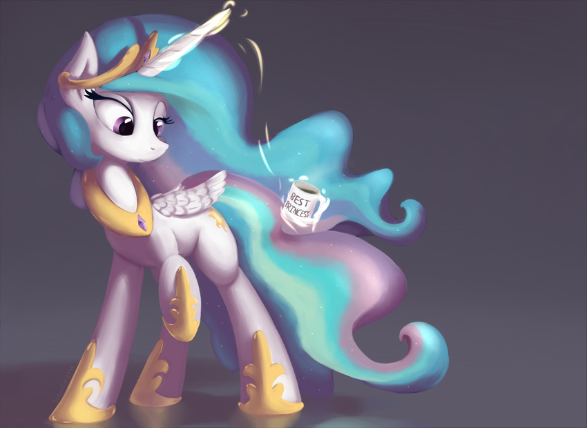 2015 alicorn beverage coffee container crown cup cutie_mark equid equine feathered_wings feathers female feral food friendship_is_magic fur glowing gold_(metal) hair hasbro headgear horn jewelry levitation magic magic_user mammal multicolored_hair multicolored_tail my_little_pony mythological_creature mythological_equine mythology necklace princess_celestia_(mlp) purple_eyes royalty simple_background solo subjectnumber2394 tail telekinesis tiara white_body white_feathers white_fur wings