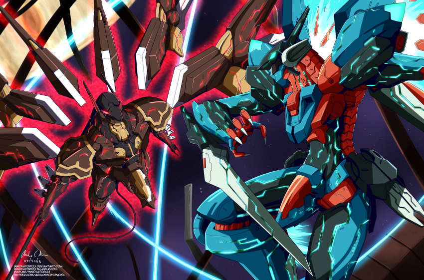 absurdres anubis_(z.o.e.) arm_blade bodysuit commentary_request fin_funnels funnels_(gundam) glowing glowing_eyes green_eyes highres innovator123 jehuty mecha mechanical_wings neon_trim no_humans orbital_frame_(zone_of_the_enders) polearm power_connection red_eyes robot robot_ears space spear staff tail weapon wings zone_of_the_enders zone_of_the_enders_2