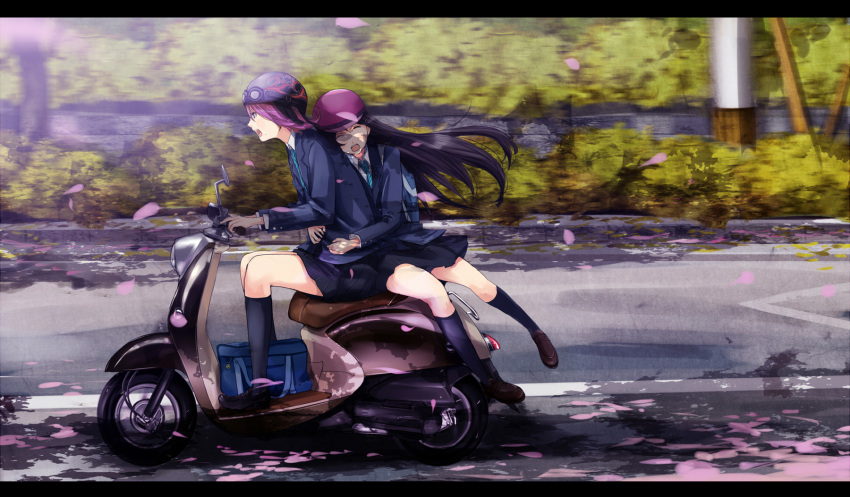 2girls black_hair closed_eyes commentary_request day driving from_side helmet highres legs letterboxed mole motion_blur motor_vehicle multiple_girls multiple_riders on_scooter open_mouth original outdoors photoshop_(medium) pillion purple_hair school_uniform scooter shigureteki sidesaddle tree_shade