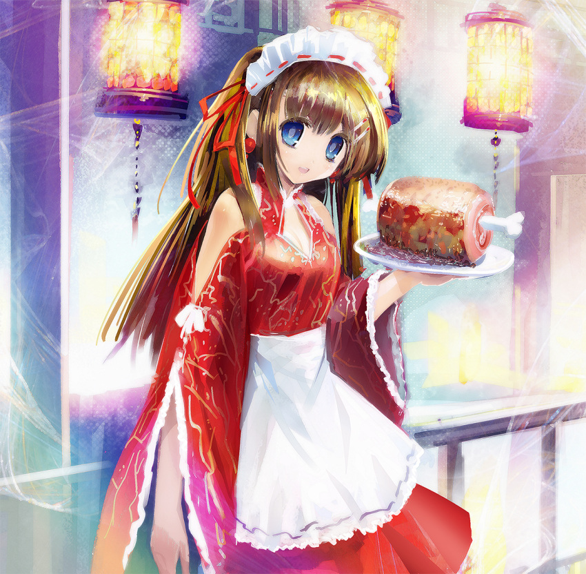 apron bare_shoulders blue_eyes boned_meat brown_hair ein_(long_cake) female food hair_ornament hairclip long_hair meat original photoshop_(medium) solo tray waitress