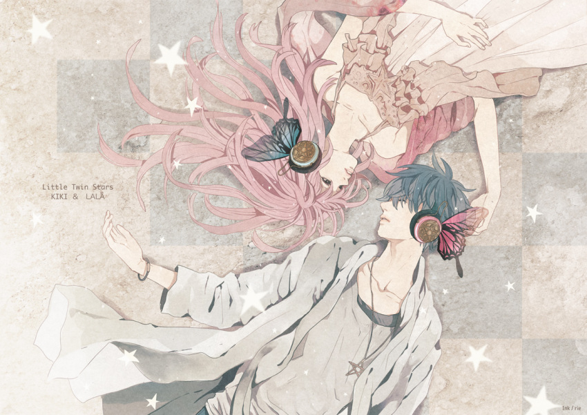 1boy bad_id bad_pixiv_id blue_hair bracelet brother_and_sister character_name copyright_name female headphones jewelry kiki_(little_twin_stars) lala_(little_twin_stars) little_twin_stars looking_at_another lying magnet_(vocaloid) pink_hair rotational_symmetry sanrio siblings star_(symbol) sumishuu vocaloid