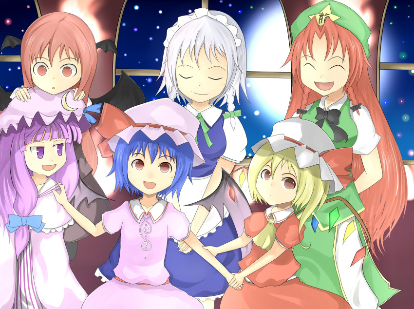 6+girls :d :o ^_^ apron bad_id bad_pixiv_id bat_wings blonde_hair blue_hair bow braid china_dress chinese_clothes closed_eyes demon_girl dress flandre_scarlet grey_eyes grey_hair hairband hat hat_ornament head_wings highres hong_meiling inoopy izayoi_sakuya koakuma long_hair maid multiple_girls oerba_yun_fang open_mouth patchouli_knowledge purple_eyes purple_hair red_eyes red_hair remilia_scarlet short_hair siblings side_ponytail sisters smile star_(symbol) star_hat_ornament touhou twin_braids vampire wings