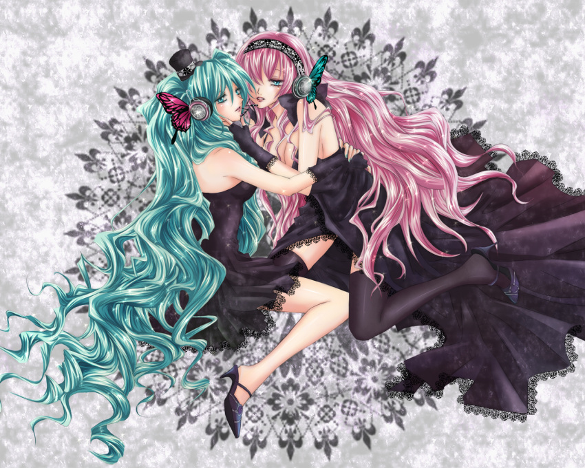 2girls aqua_eyes aqua_hair bad_id bad_pixiv_id butterfly_hair_ornament butterfly_wings dress fingerless_gloves gloves hair_ornament hat hatsune_miku headphones headset high_heels highres insect_wings long_hair magnet_(vocaloid) megurine_luka mini_hat mini_top_hat mizuiro_tomato multiple_girls pink_hair shoes thighhighs top_hat twintails very_long_hair vocaloid wings yuri