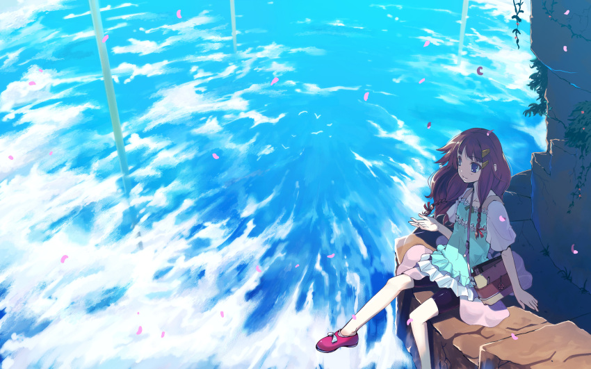 bike_shorts blue_eyes braid brown_hair cloud female hair_ornament hairclip highres long_hair original petals sitting solo tamaki_fuyu