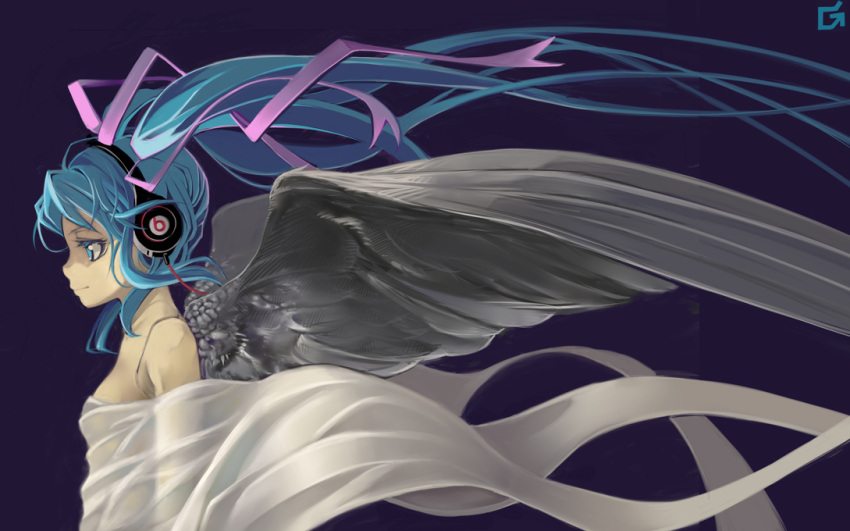 angel_wings aqua_eyes aqua_hair bad_id bad_pixiv_id female hair_ribbon hatsune_miku headphones jaian long_hair profile ribbon smile solo twintails very_long_hair vocaloid wings