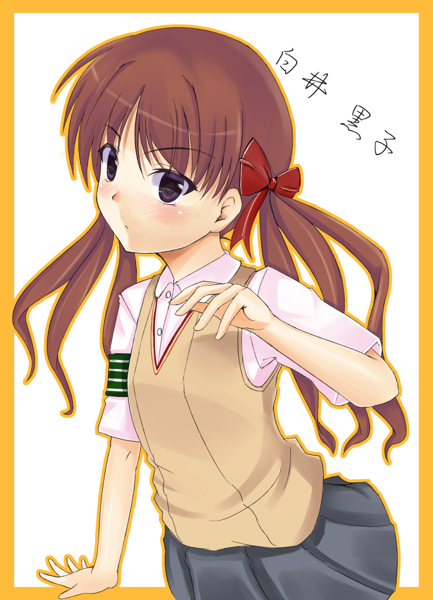 armband brown_eyes brown_hair commentary_request female hazuki_natena highres long_hair school_uniform shirai_kuroko solo summer_uniform sweater_vest toaru_kagaku_no_railgun toaru_majutsu_no_index tokiwadai_school_uniform twintails