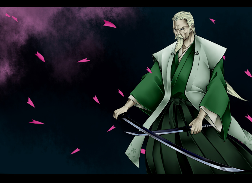 1boy beard black_hakama bow cherry_blossoms commentary_request crossed_swords dual_wielding facial_hair green_hakama green_kimono hakama hakama_skirt highres holding holding_sword holding_weapon japanese_clothes jinbaori katana kimono konpaku_youki layered_clothes layered_kimono letterboxed long_sleeves male_focus moustache old old_man petals sash skirt solo sword touhou wakizashi weapon white_hair wide_sleeves yukichi_(bancho99)