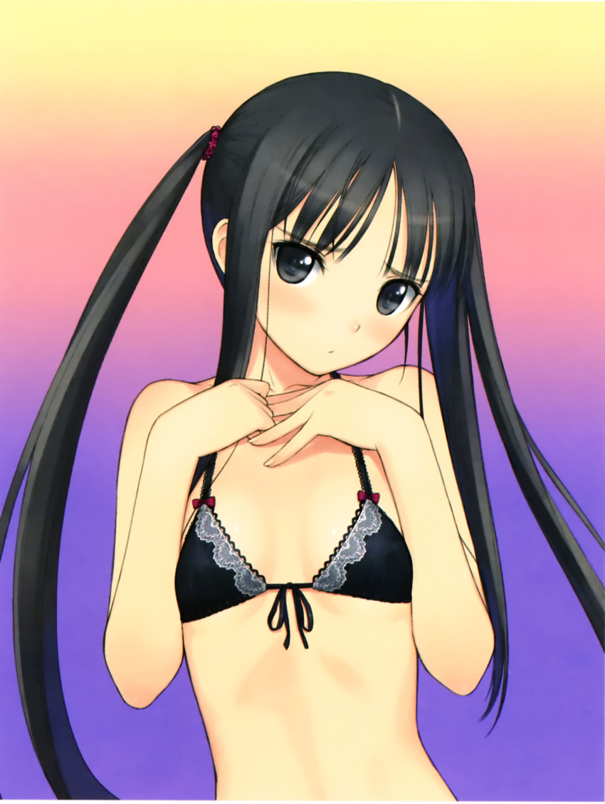 absurdres black_bra black_eyes black_hair bow bow_bra bra fault!! female flat_chest front-tie_top frown head_tilt highres lingerie long_hair photoshop_(medium) solo sugiyama_mio tony_taka twintails underwear