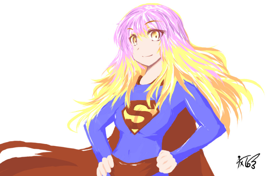 clothes_writing commentary_request cosplay dc_comics female gradient_hair hijiri_byakuren long_hair milksea multicolored_hair parody photoshop_(medium) signature solo superhero_costume superman superman_(cosplay) superman_(series) superwoman touhou yellow_eyes