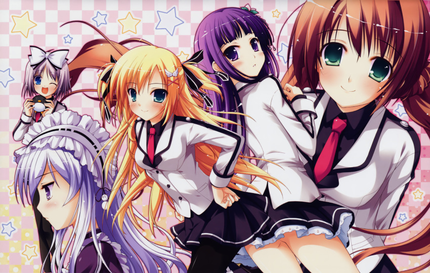 5girls absurdres blonde_hair blue_hair blush brown_hair highres iro_ni_ide_ni_keri_waga_koi_wa kaede_yuzuna ko~cha maid misono_misono multiple_girls narumi_yuu_(bunbukudou) pantyhose purple_hair school_uniform suzueda_komachi tenjou_kikyou tenjou_rio