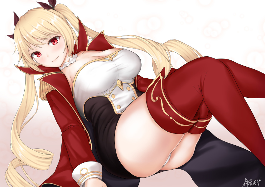 azur_lane black_ribbon blonde_hair blush breasts cleavage collar commentary_request dress epaulettes female hair_ribbon highres jacket kamui_aya large_breasts long_hair long_sleeves looking_at_viewer military military_uniform nelson_(azur_lane) panties red_eyes ribbon signature smile solo thighhighs twintails underwear uniform very_long_hair white_panties