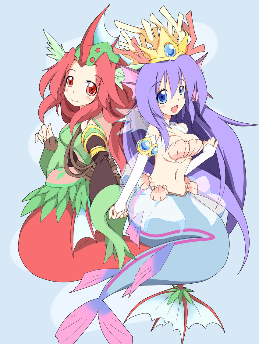 2girls blue_eyes bridal_gauntlets commentary_request duel_monster evigishki_merrowgeist headdress highres mermaid monster_girl multiple_girls nanashino_(nanasino101) own_hands_clasped own_hands_together photoshop_(medium) purple_hair puzzle_&_dragons red_eyes red_hair shell shell_bikini siren_(p&d) yu-gi-oh!