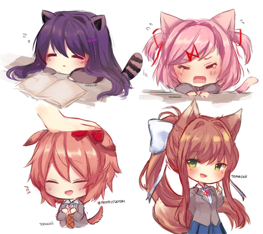 2017 absurd_res accessory animal_humanoid blush bodily_fluids bow_(feature) bow_accessory bow_ribbon canid canid_humanoid canine canine_humanoid cat_humanoid chibi clothed clothing crossbar_emanata crying digital_media_(artwork) dipstick_tail dog_humanoid doki_doki_literature_club! duo emanata felid felid_humanoid feline feline_humanoid female flying_sweatdrops fox_humanoid fur hair hair_accessory hair_ribbon hairbow hashtag hi_res humanoid long_hair looking_at_viewer mammal mammal_humanoid markings monika_(doki_doki_literature_club!) multicolored_tail multiple_images natsuki_(doki_doki_literature_club!) open_mouth petting pink_hair procyonid procyonid_humanoid purple_hair raccoon_humanoid ribbons sayori_(doki_doki_literature_club!) simple_background sleeping smile solo sound_effects striped_markings striped_tail stripes sweat sweatdrop tail tail_markings team_salvato tears temachii_(artist) vowelless vowelless_sound_effect white_background yuri_(doki_doki_literature_club!) zzz