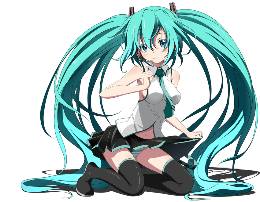 aqua_hair bare_shoulders blue_eyes blush boots clothes_lift commentary_request female hatsune_miku headset kneeling long_hair navel necktie panties skirt skirt_lift smile solo striped_clothes striped_panties suemizu_yuzuki thigh_boots thighhighs twintails underwear very_long_hair vocaloid