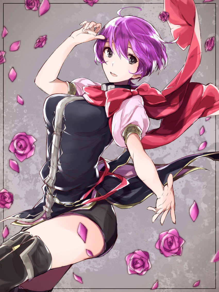 aiueo1234853 bad_id bad_twitter_id commentary dress female fire_emblem fire_emblem:_new_mystery_of_the_emblem flower grey_background grey_eyes highres katarina_(fire_emblem) open_mouth petals purple_hair red_scarf scarf short_dress short_hair solo