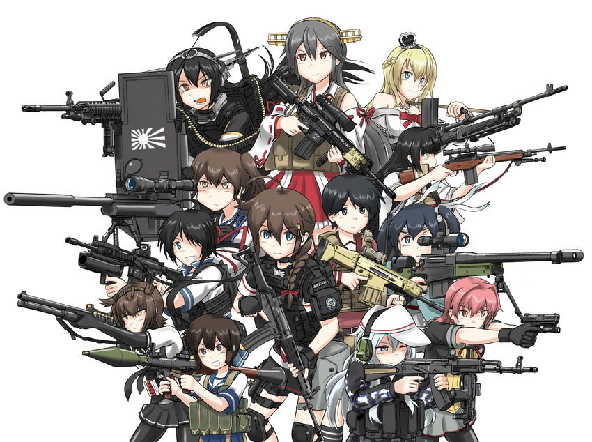 6+girls ai_aw-50 aiming ak-74m ammunition ammunition_belt ammunition_pouch anti-materiel_rifle assault_rifle battle_rifle benelli_m4 bipod black_gloves black_hair blonde_hair blue_sailor_collar bolt_action bren_lmg brown_hair bulletproof_vest camouflage camouflage_jacket chest_rig combat_shotgun commentary_request cowboy_shot double-parted_bangs ear_protection finger_on_trigger fn_mk_46 fn_scar_17 folding_stock foregrip gloves grenade_launcher gun gun_sling h&k_hk416 h&k_mp7 h&k_usp hair_between_eyes handgun handle haruna_(kancolle) hatsuzuki_(kancolle) headgear heckler_&_koch hibiki_(kancolle) highres howa_type_89 jacket kaga_(kancolle) kako_(kancolle) kalashnikov_rifle kantai_collection kinu_(kancolle) light_machine_gun load_bearing_vest long_bangs long_hair long_sleeves m21 m320 maaranto md5_mismatch miyuki_(kancolle) mk48 mogami_(kancolle) multiple_girls nagato_(kancolle) pouch red_ribbon remington_model_700 remodel_(kantai_collection) ribbon ribbon_trim rifle rifle_cartridge rising_sun_flag rocket_launcher rpg-7 rpg_(weapon) sailor_collar school_uniform scope serafuku shield shigure_(kancolle) short_hair short_sleeves shotgun shouhou_(kancolle) simple_background single_stripe sleeve_cuffs sniper_rifle souryuu_(kancolle) striped submachine_gun sunburst underbarrel_grenade_launcher upper_body urban_camouflage verniy_(kancolle) verniy_(saury_festival)_(kancolle) vertical_foregrip vest warspite_(kancolle) weapon weapon_request white_background white_headwear