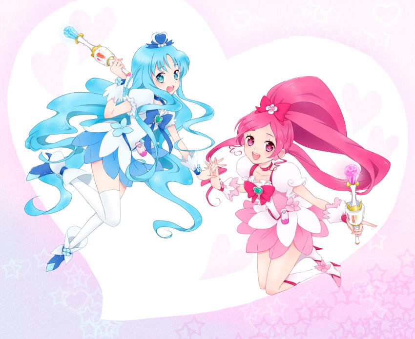 2girls bad_id bad_pixiv_id blue_choker blue_eyes blue_hair blue_skirt boots bow brooch choker cure_blossom cure_marine flower_tact hanasaki_tsubomi heart heart_brooch heartcatch_precure! high_ponytail holding_hands interlocked_fingers jewelry knee_boots kurumi_erika magical_girl multiple_girls omari pink_bow pink_choker pink_eyes pink_hair precure skirt thighhighs wand