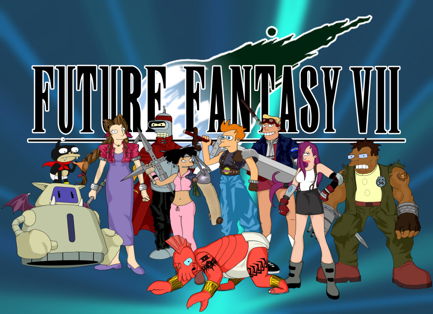 3boys 3girls absurdres aerith_gainsborough aerith_gainsborough_(cosplay) amy_wong bad_anatomy barret_wallace barret_wallace_(cosplay) bender_bending_rodriguez cait_sith_(ff7) cait_sith_(ff7)_(cosplay) cid_highwind cid_highwind_(cosplay) cloud_strife cloud_strife_(cosplay) cosplay crop_top crossover diaper dress final_fantasy final_fantasy_vii futurama hermes_conrad highres john_a_zoidberg michelle_(futurama) midriff multiple_boys multiple_girls nibbler parody philip_j_fry photoshop_(medium) red_xiii red_xiii_(cosplay) robot_1-x tifa_lockhart tifa_lockhart_(cosplay) turanga_leela vincent_valentine vincent_valentine_(cosplay) yuffie_kisaragi yuffie_kisaragi_(cosplay) zapp_brannigan