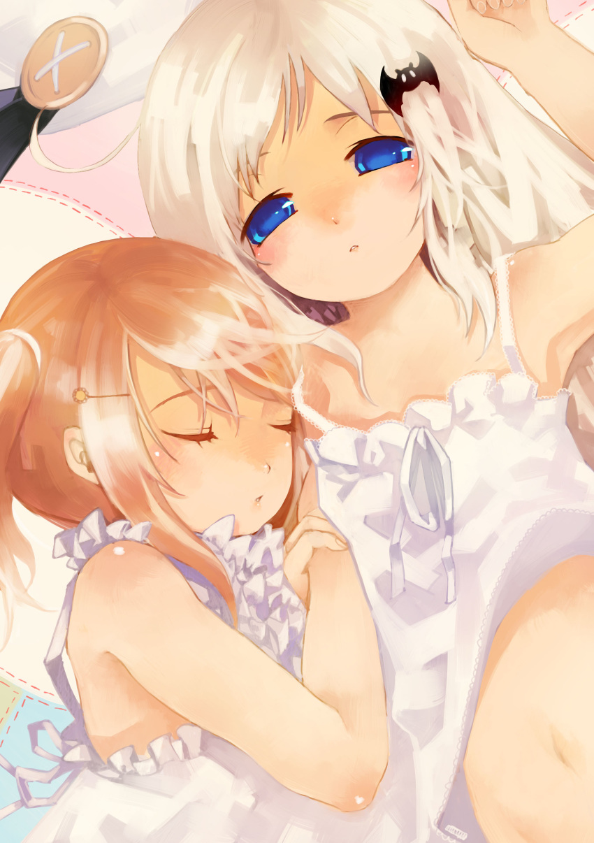 2girls absurdres arizuki_shiina bac bad_id bad_pixiv_id bat_hair_ornament blonde_hair blue_eyes brown_hair frills hair_ornament highres kud_wafter little_busters! long_hair multiple_girls noumi_kudryavka short_hair side_ponytail sleeping