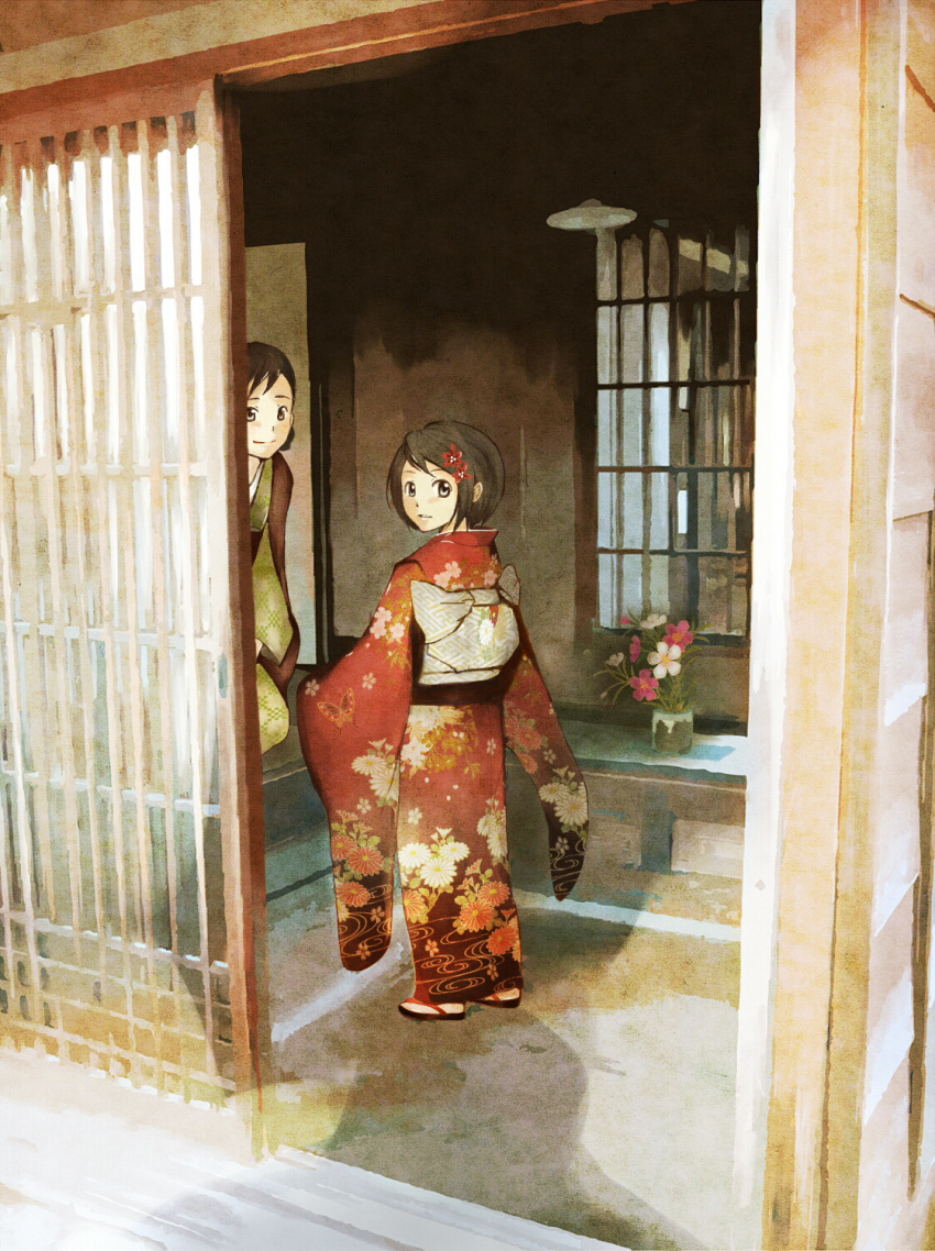 2girls bad_id bad_pixiv_id brown_hair flower grey_eyes hair_flower hair_ornament highres japanese_clothes kimono looking_back mother_and_daughter multiple_girls obi original sash shigatsuya short_hair slippers vase