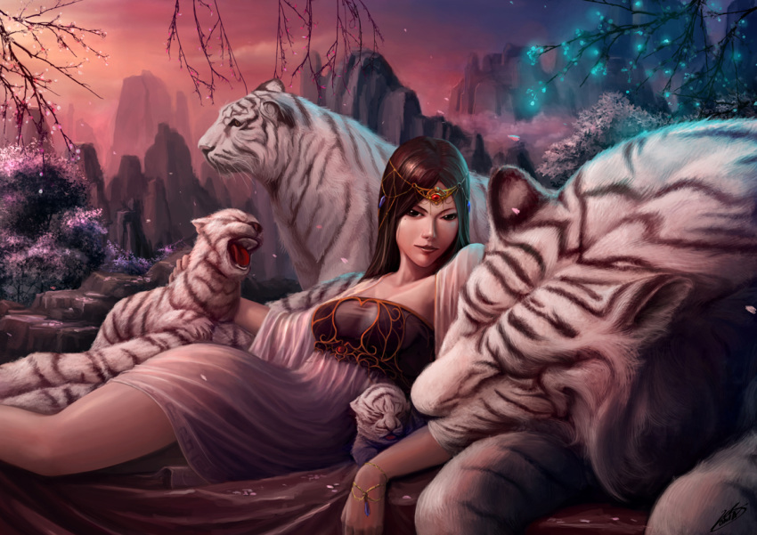 brown_eyes brown_hair commentary cub english_commentary female lips long_hair lying mountain okita on_side original outdoors photoshop_(medium) sleeping solo tiger tree white_tiger