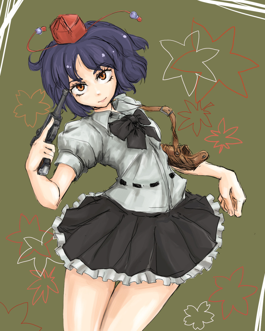 black_hair commentary_request female gun handgun hat highres holster looking_at_viewer luger_p08 michael-x red_eyes shameimaru_aya short_hair solo tokin_hat touhou weapon