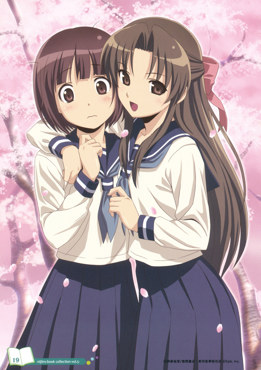 2girls absurdres bob_cut brown_eyes brown_hair cherry_blossoms highres koutaro long_hair multiple_girls ogasawara_akiko petals photoshop_(medium) school_uniform serafuku short_hair suzukawa_koume taishou_yakyuu_musume yuri