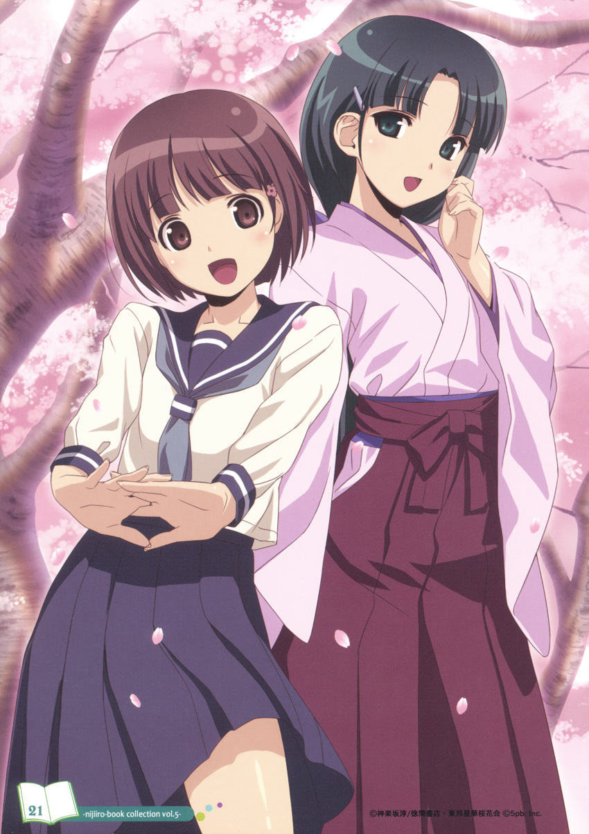 2girls absurdres black_eyes black_hair bob_cut brown_eyes brown_hair cherry_blossoms hair_ornament hairclip highres japanese_clothes koutaro long_hair multiple_girls open_mouth petals photoshop_(medium) school_uniform short_hair stretching suzukawa_koume taishou_yakyuu_musume tsukubae_shizuka