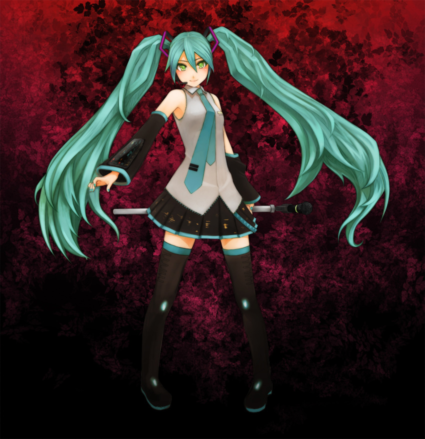 aqua_hair aqua_nails commentary_request detached_sleeves female green_eyes h_(158cm) hatsune_miku highres legs long_hair nail_polish necktie partial_commentary skirt smile solo standing thighhighs twintails very_long_hair vocaloid zettai_ryouiki