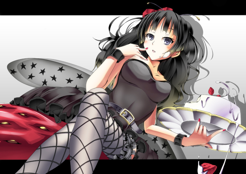 akiyama_mio alternate_hairstyle antennae belt black_eyes black_hair cake commentary_request crossed_legs dress dutch_angle female fishnet_pantyhose fishnets food fruit gumitaroo k-on! listen!! long_hair pantyhose pastry photoshop_(medium) sitting solo strapless strapless_dress strawberry wings