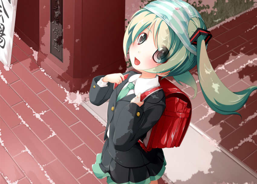 aged_down aqua_eyes aqua_hair backpack bag blazer blush commentary_request female hatsune_miku itsuki_(spitbreak) jacket lolicon long_hair necktie object_on_head panties panties_on_head photoshop_(medium) randoseru school_uniform solo striped_clothes striped_panties twintails underwear vocaloid