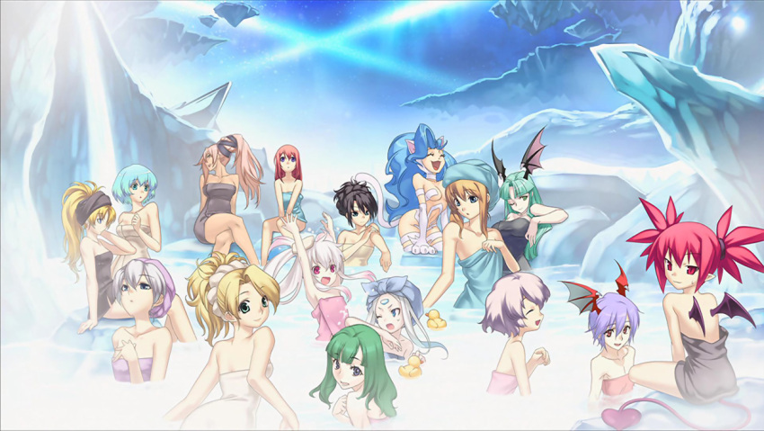 6+girls :d :o ;o ^_^ age_difference aiba_mikoto alternate_hairstyle anesha animal_ears animal_hands aqua_eyes aqua_hair ar_tonelico ar_tonelico_i arm_support armpits arms_up atelier_(series) atelier_marie aurica_nestmile back bare_shoulders bat_wings big_hair black_hair blonde_hair blue_eyes blue_hair blunt_bangs breasts brown_hair capcom cat_ears cat_tail claws clenched_hand closed_eyes cross_edge crossed_legs crossover dark-skinned_female dark_skin demon_girl disgaea eruma etna_(disgaea) everyone facial_mark felicia_(vampire) flat_chest forehead_mark fur game_cg gradient_hair green_eyes green_hair grey_hair hair_between_eyes hair_ribbon hair_rings hair_up hand_on_own_chest head_wings high_ponytail hirano_katsuyuki holding_own_arm light_purple_hair light_smile liliane_vehlendorf lilith_aensland looking_at_another looking_at_viewer looking_back looking_to_the_side mana_khemia_(series) mana_khemia_2 marie_(atelier) may_(cross_edge) mini_wings misha_arsellec_lune morrigan_aensland multicolored_hair multiple_crossover multiple_girls naked_towel night night_sky nippon_ichi one_eye_closed onsen open_mouth orange_eyes orange_hair outdoors photoshop_(medium) pink_eyes pink_hair pointy_ears ponytail profile purple_eyes red_eyes ribbon rock rubber_duck same-sex_bathing shared_bathing short_twintails shurelia_(ar_tonelico) siblings sidelocks sisters sitting sky slit_pupils small_breasts smile soaking_feet spiked_hair splashing star_(sky) starry_sky steam tail towel towel_on_head twintails v_arms vampire_(game) wading water white_hair wince wings wuim_(mana_khemia)