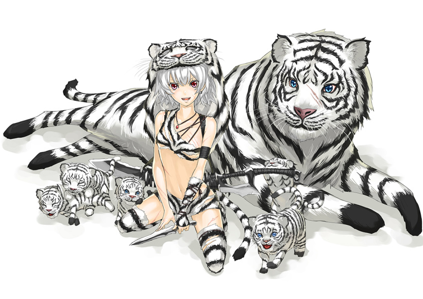 bad_id bad_pixiv_id cub dagger female kneeling knife kurogin original photoshop_(medium) red_eyes scar short_hair solo sword tail thighhighs tiger weapon white_hair white_tiger