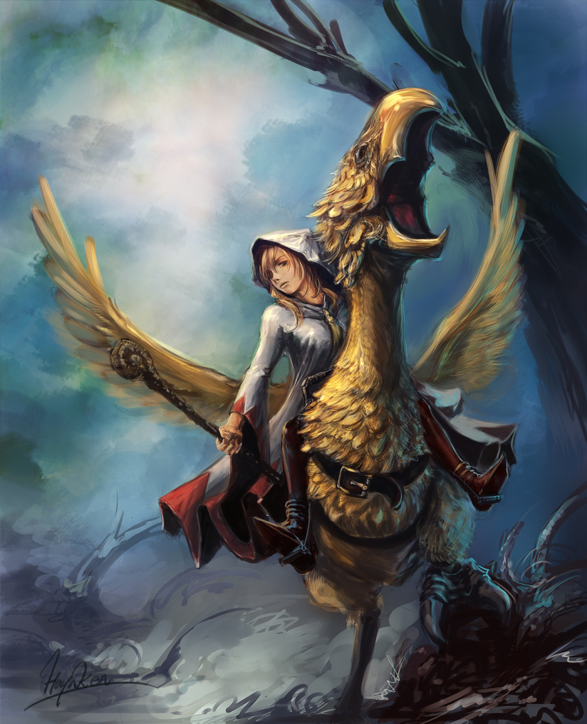 bad_id bad_pixiv_id blonde_hair boots chocobo female final_fantasy final_fantasy_tactics gloves hayaken_sarena highres hood long_hair photoshop_(medium) robe staff white_mage_(fft) white_mage_(final_fantasy)