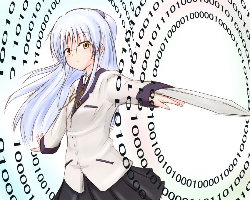 angel_beats! babaa_(namarahakata) bad_id bad_pixiv_id binary blade blazer blue_hair female half_updo jacket long_hair magic_circle outstretched_arms school_uniform skirt solo spread_arms tachibana_kanade yellow_eyes