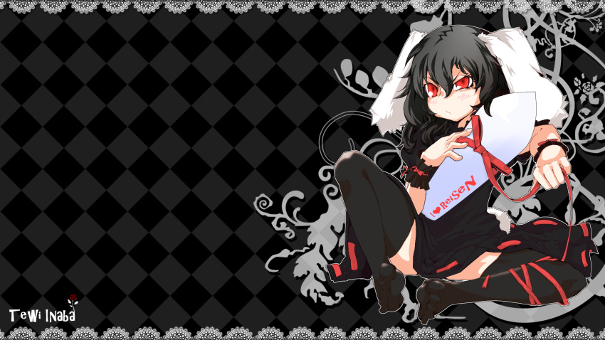 animal_ears bad_id bad_pixiv_id black_hair black_thighhighs english_text female highres inaba_tewi kumonji_aruto rabbit_ears red_eyes short_hair solo suppository thighhighs touhou